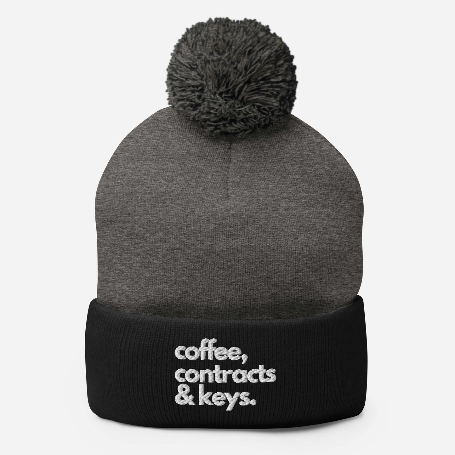 Coffee, Contracts, & Keys™ / White Text - Pom-Pom Beanie