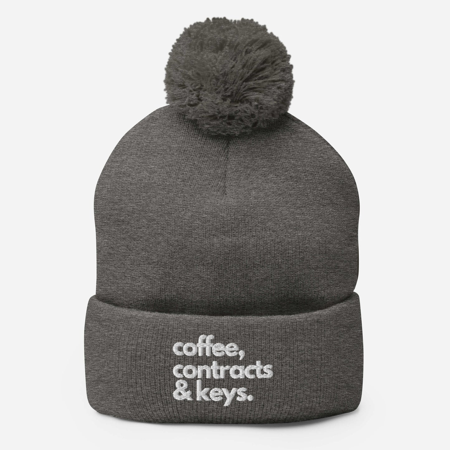 Coffee, Contracts, & Keys™ / White Text - Pom-Pom Beanie