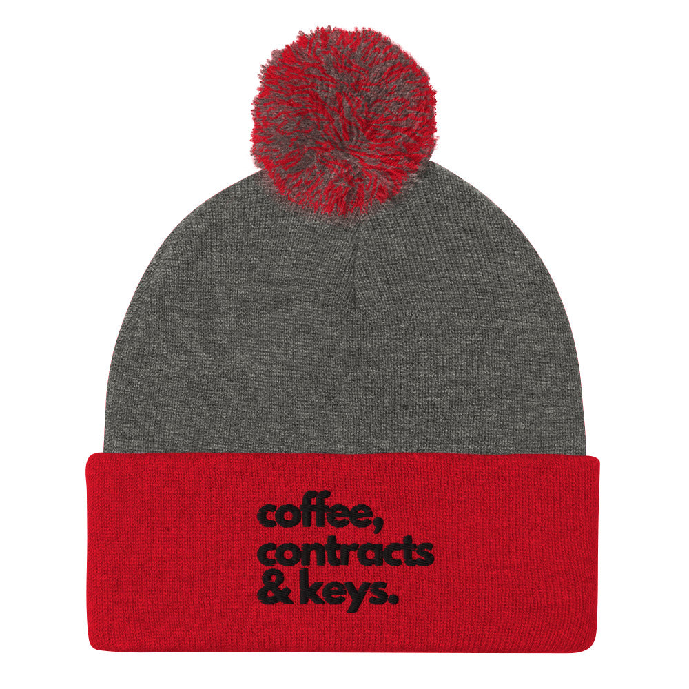 Coffee, Contracts & Keys™ / Black Text - Pom Pom Beanie