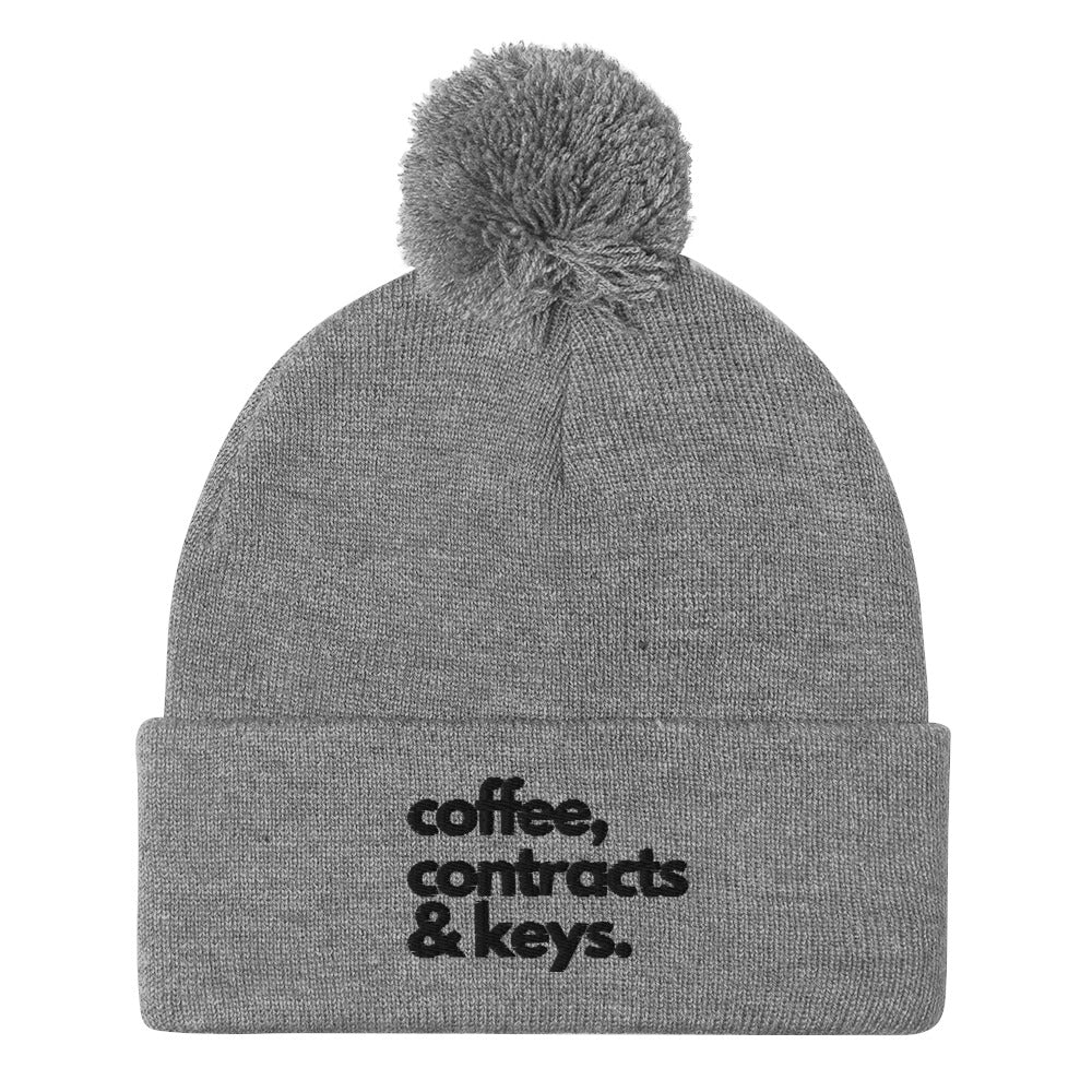 Coffee, Contracts & Keys™ / Black Text - Pom Pom Beanie