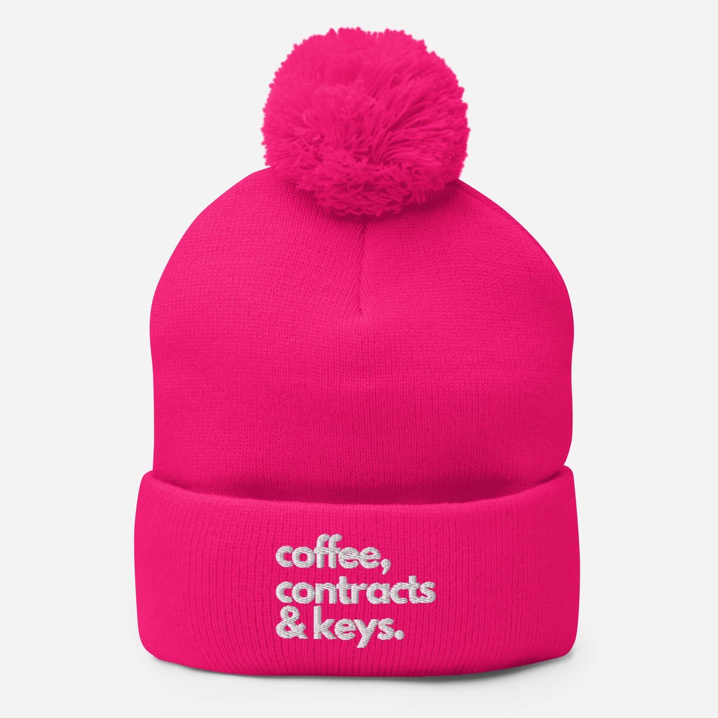 Coffee, Contracts, & Keys™ / White Text - Pom-Pom Beanie