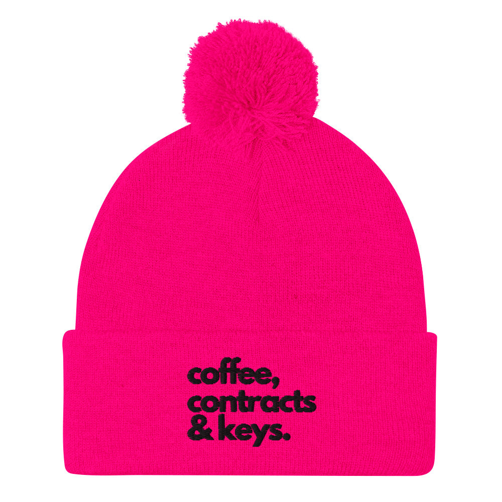 Coffee, Contracts & Keys™ / Black Text - Pom Pom Beanie