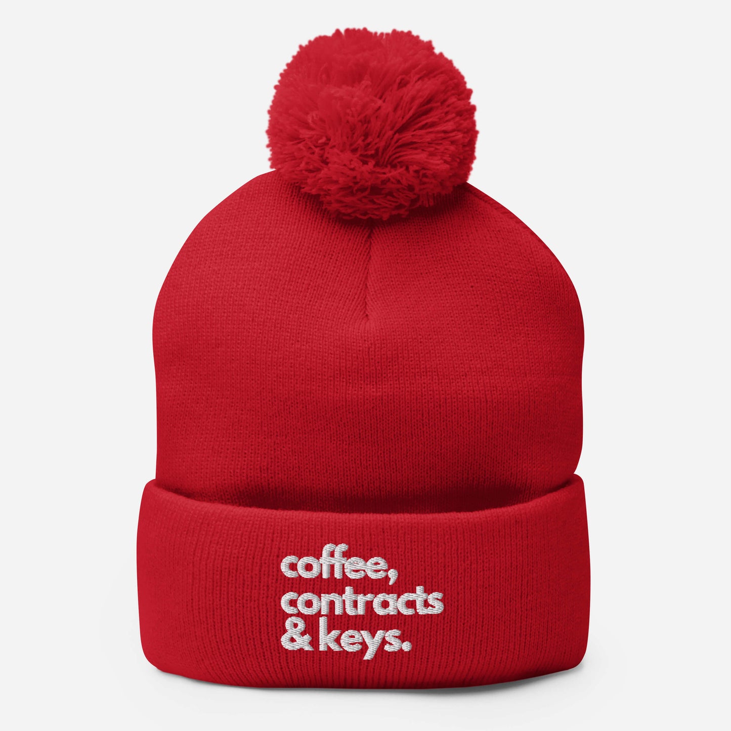 Coffee, Contracts, & Keys™ / White Text - Pom-Pom Beanie