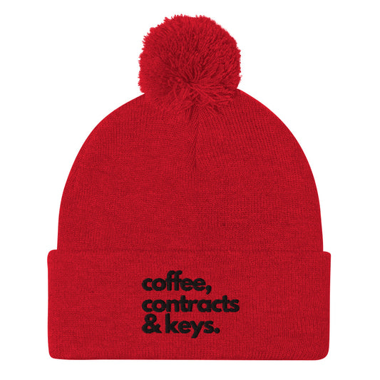 Coffee, Contracts & Keys™ / Black Text - Pom Pom Beanie