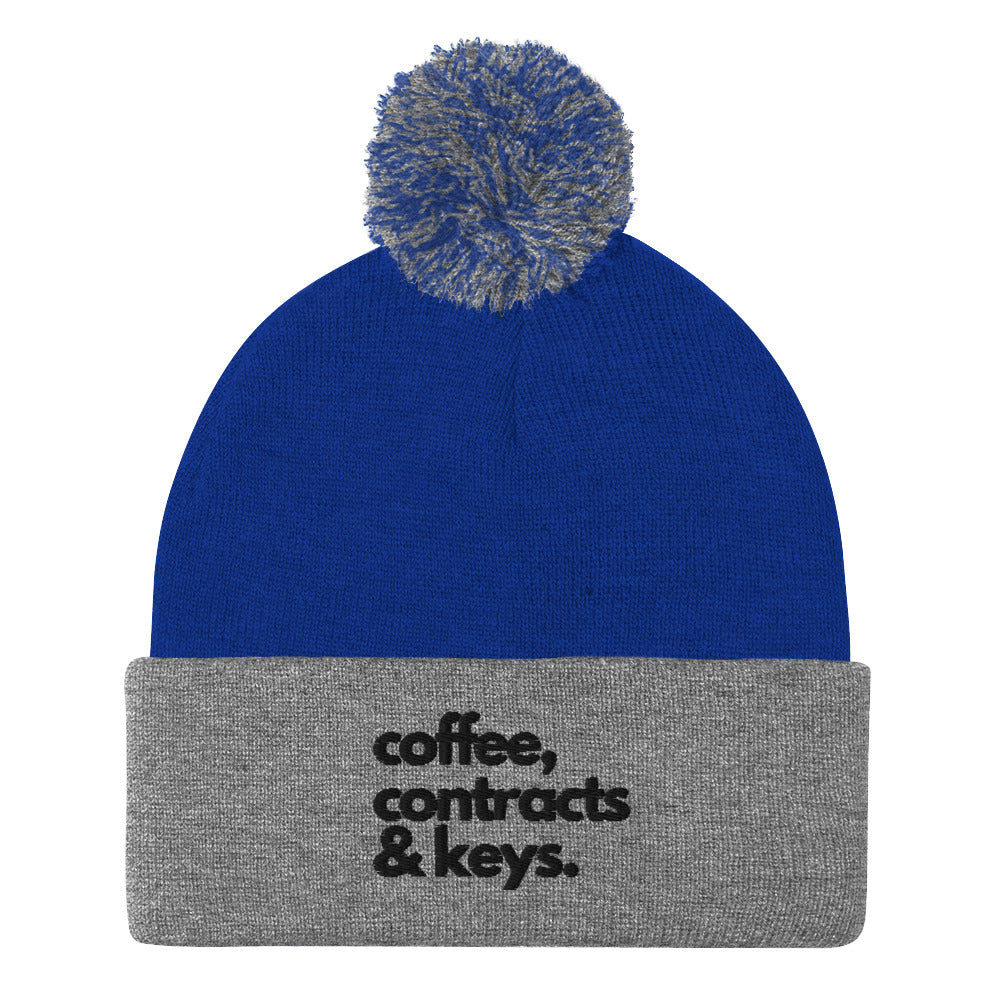 Coffee, Contracts & Keys™ / Black Text - Pom Pom Beanie