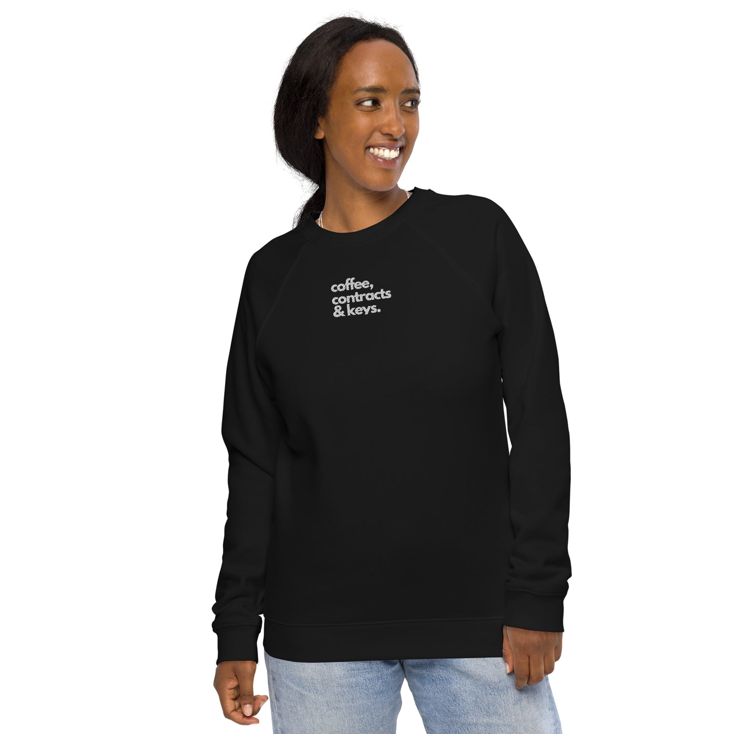 Coffee, Contracts & Keys™ / White Text - Unisex Embroidered Sweatshirt