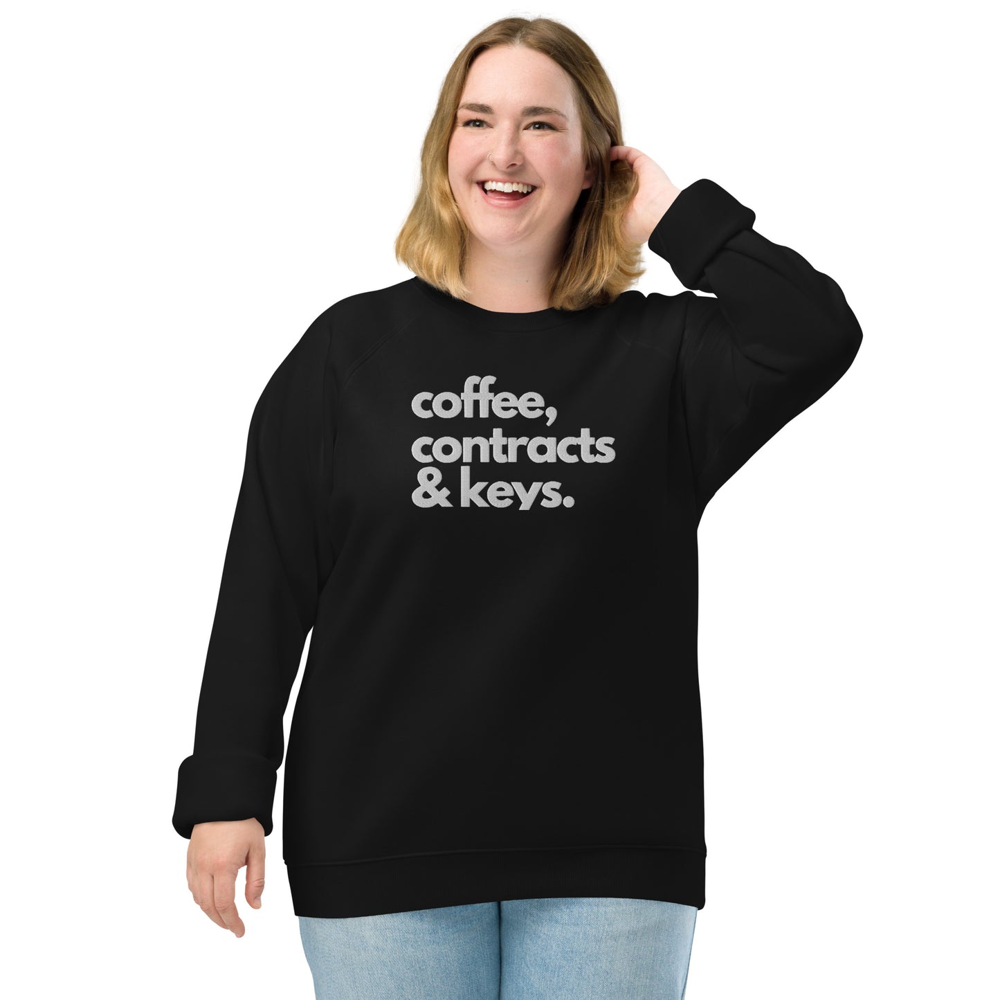 Coffee, Contracts & Keys™ / White Text - Unisex Embroidered Sweatshirt