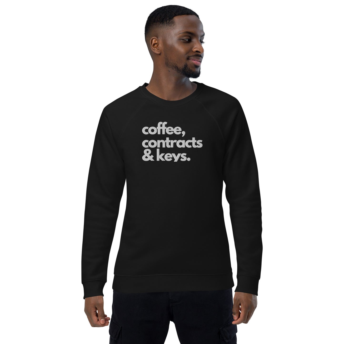 Coffee, Contracts & Keys™ / White Text - Unisex Embroidered Sweatshirt