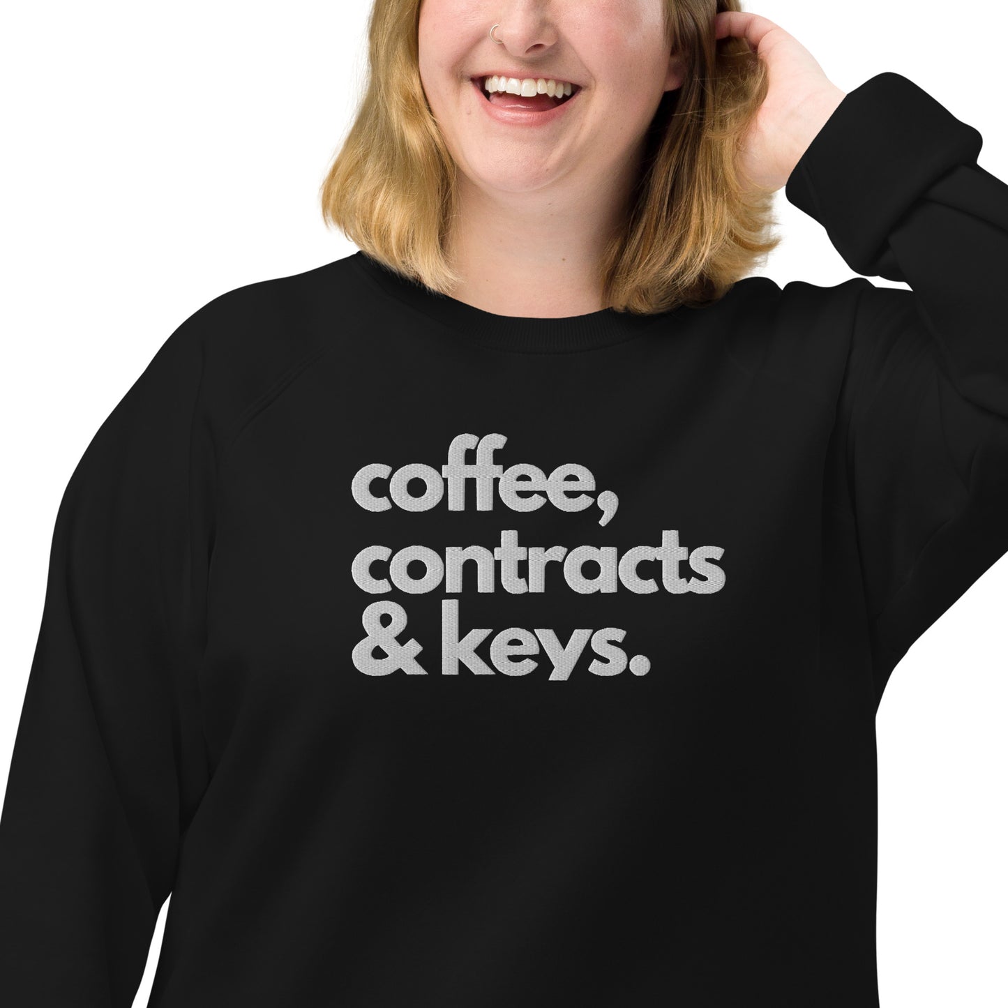 Coffee, Contracts & Keys™ / White Text - Unisex Embroidered Sweatshirt