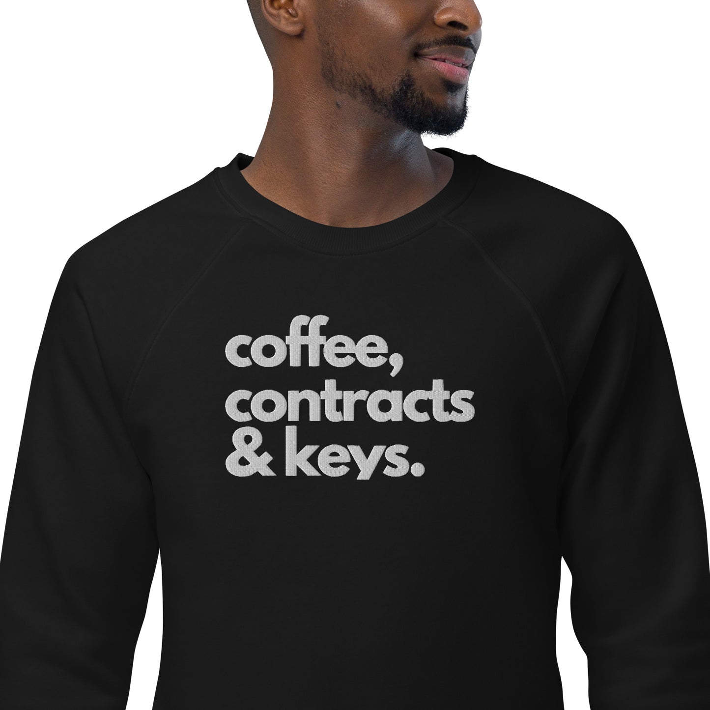 Coffee, Contracts & Keys™ / White Text - Unisex Embroidered Sweatshirt