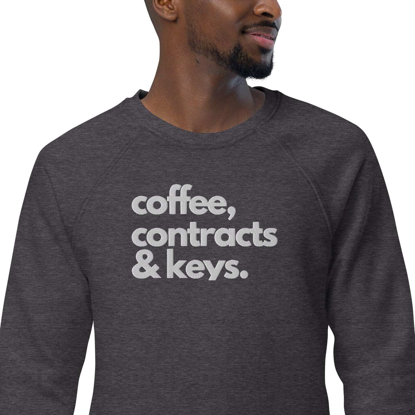 Coffee, Contracts & Keys™ / White Text - Unisex Embroidered Sweatshirt