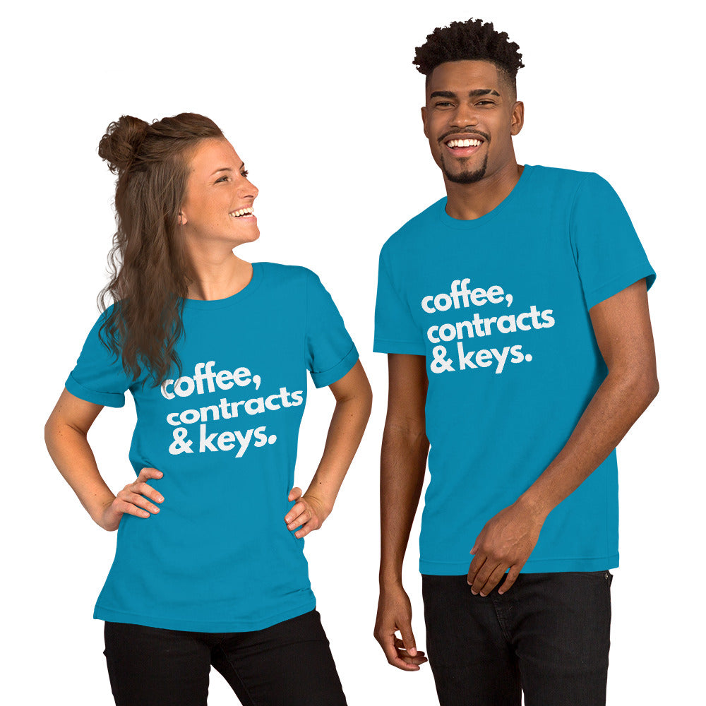 Coffee, Contracts & Keys™ / White Text - Unisex Graphic T-Shirt