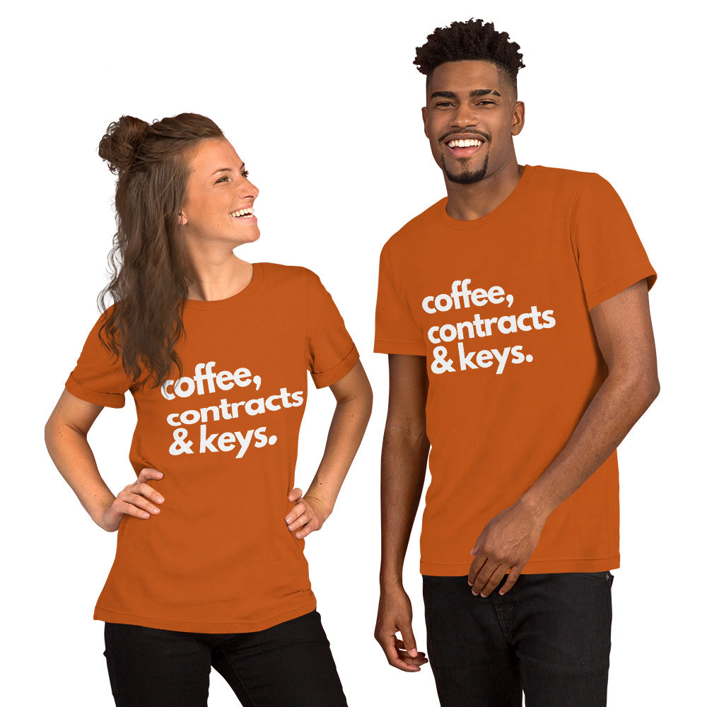Coffee, Contracts & Keys™ / White Text - Unisex Graphic T-Shirt