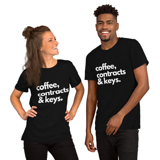 Coffee, Contracts & Keys™ / White Text - Unisex Graphic T-Shirt
