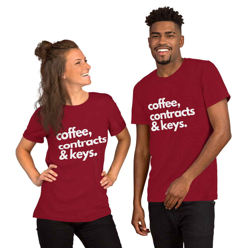 Coffee, Contracts & Keys™ / White Text - Unisex Graphic T-Shirt