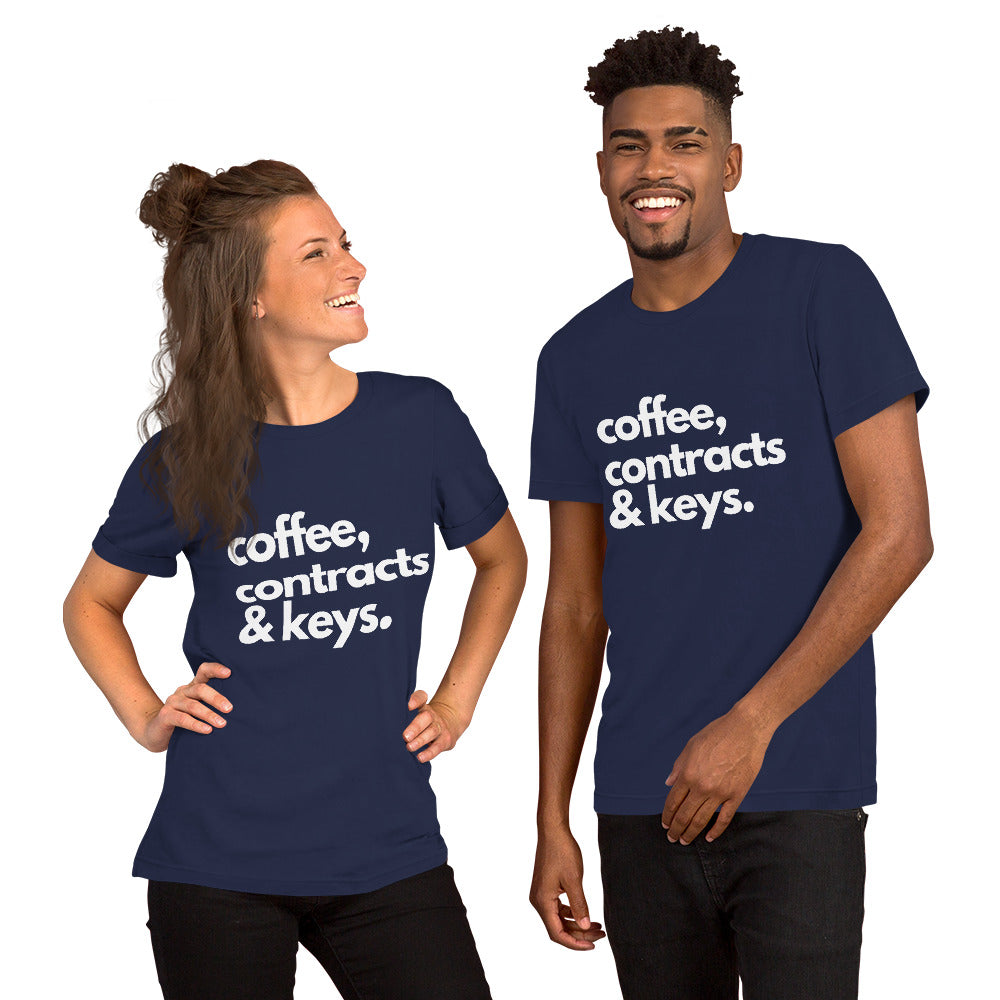 Coffee, Contracts & Keys™ / White Text - Unisex Graphic T-Shirt