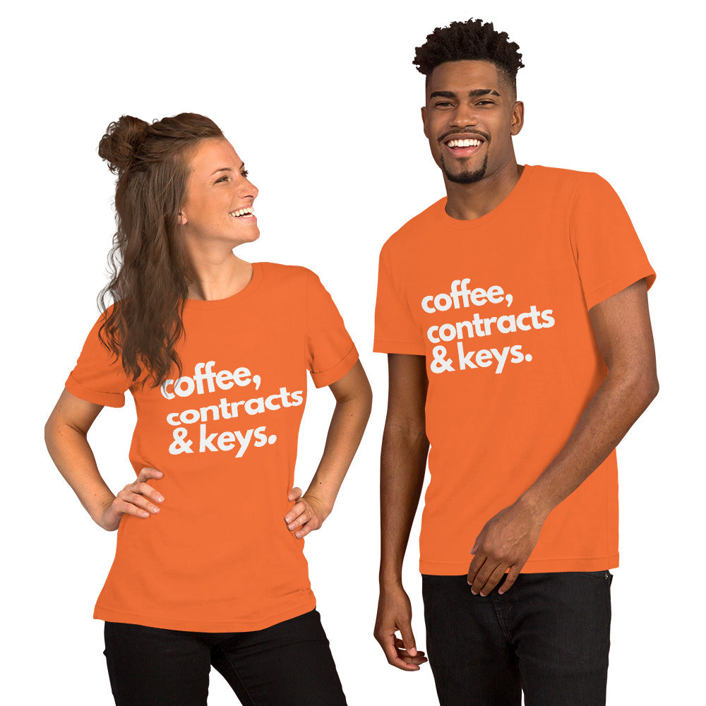 Coffee, Contracts & Keys™ / White Text - Unisex Graphic T-Shirt