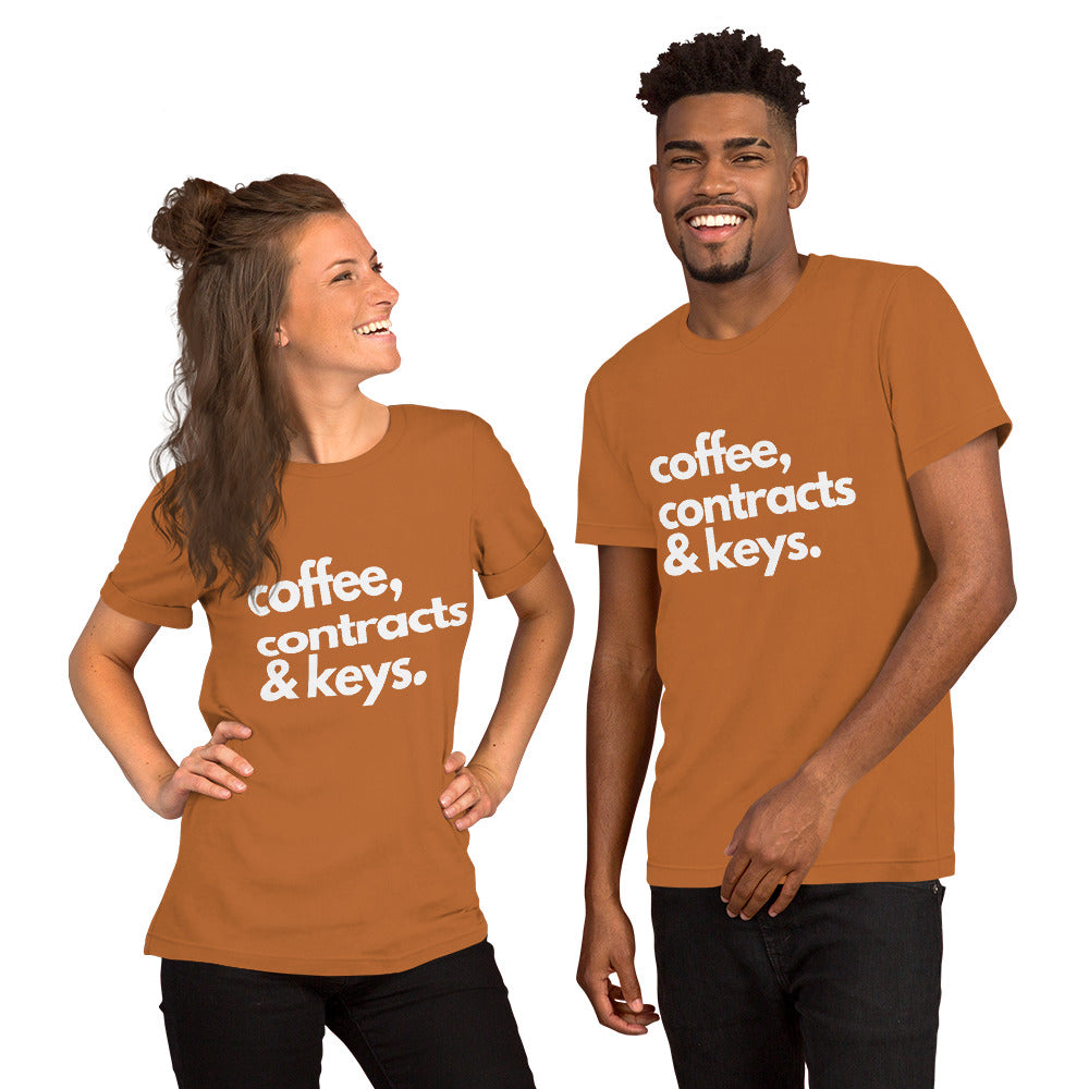 Coffee, Contracts & Keys™ / White Text - Unisex Graphic T-Shirt