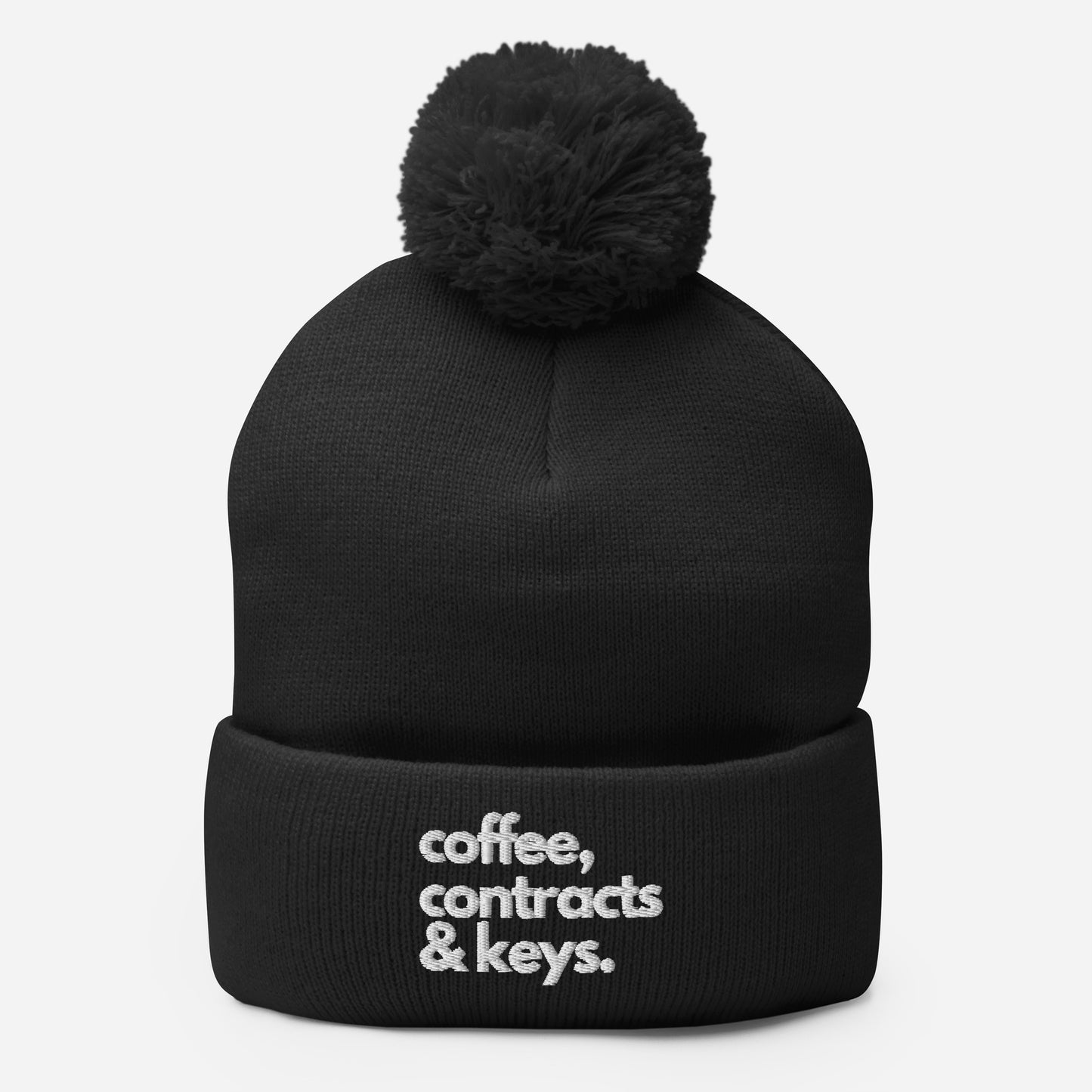 Coffee, Contracts, & Keys™ / White Text - Pom-Pom Beanie