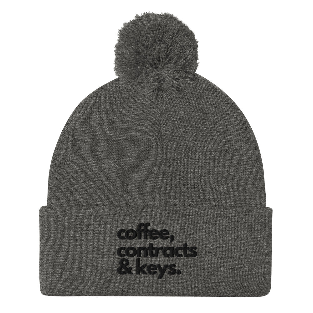 Coffee, Contracts & Keys™ / Black Text - Pom Pom Beanie