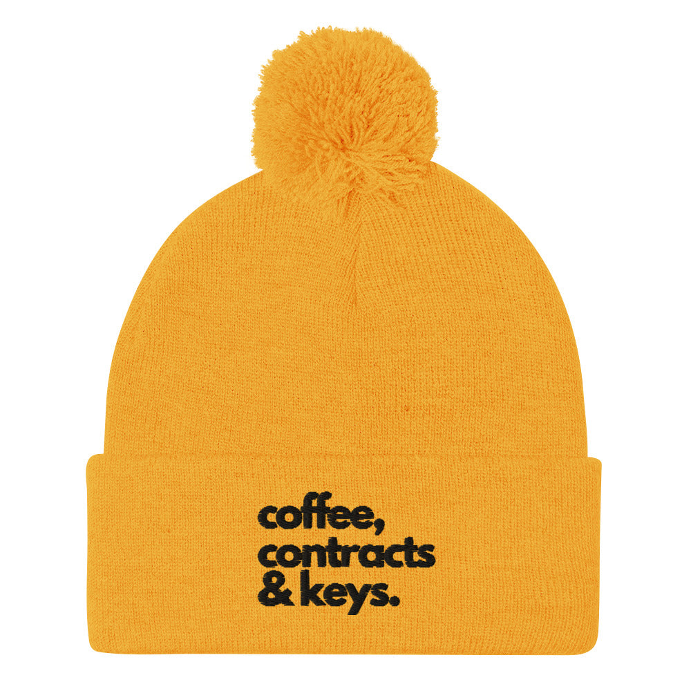 Coffee, Contracts & Keys™ / Black Text - Pom Pom Beanie