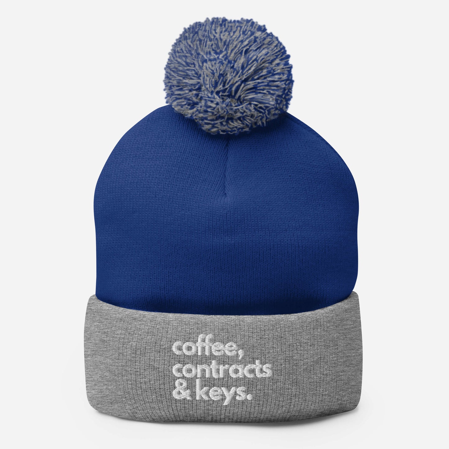 Coffee, Contracts, & Keys™ / White Text - Pom-Pom Beanie