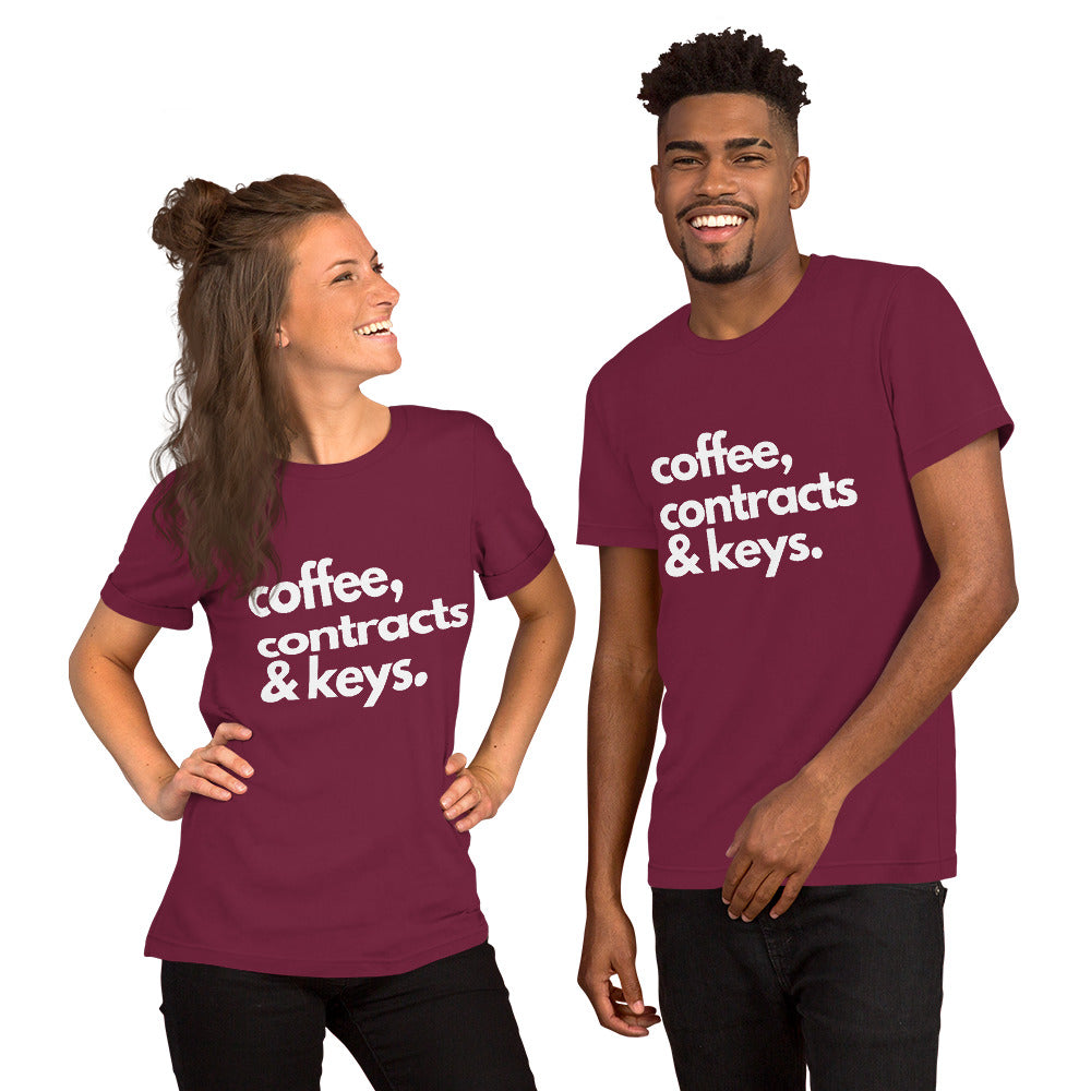 Coffee, Contracts & Keys™ / White Text - Unisex Graphic T-Shirt