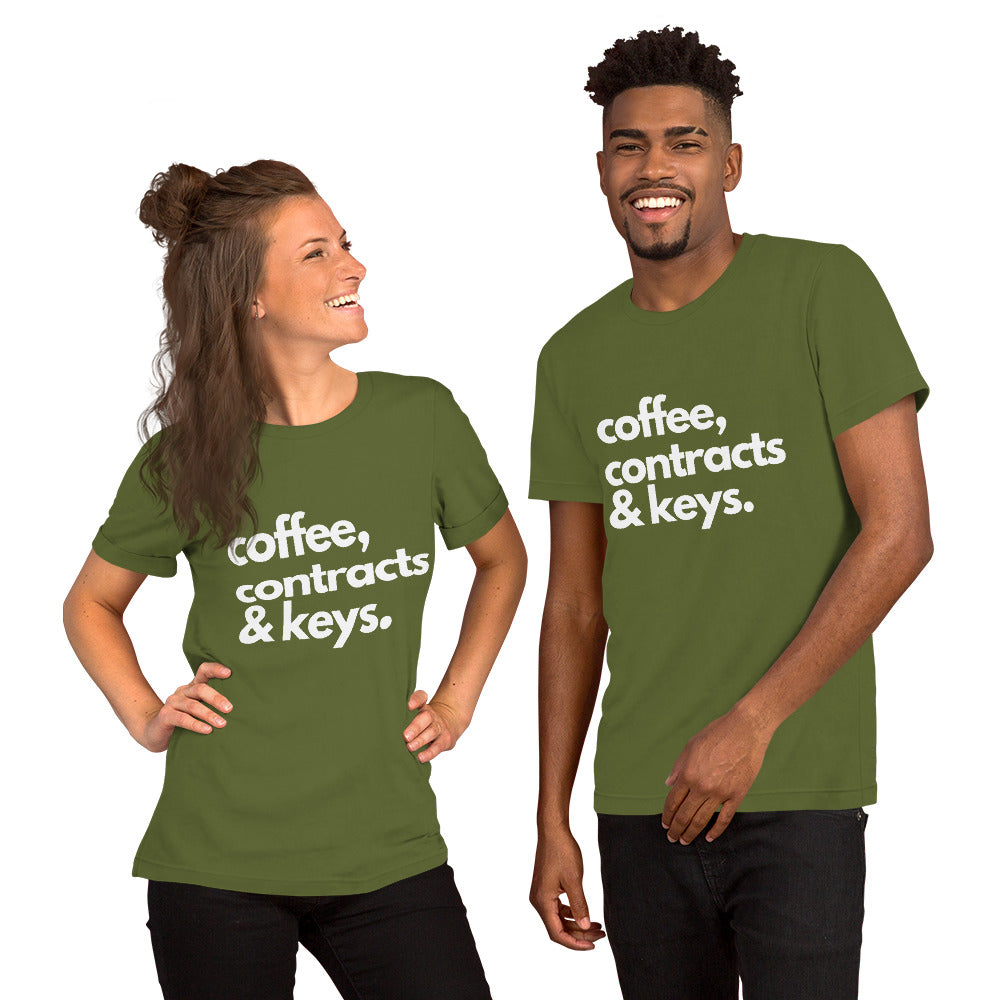 Coffee, Contracts & Keys™ / White Text - Unisex Graphic T-Shirt