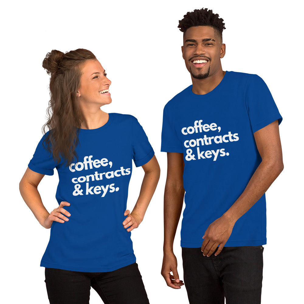 Coffee, Contracts & Keys™ / White Text - Unisex Graphic T-Shirt