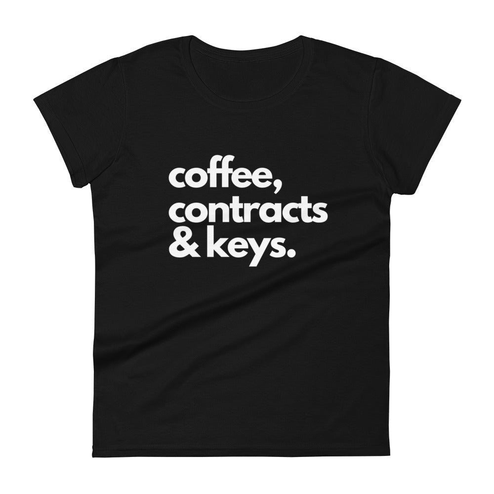 Coffee, Contracts & Keys™ / White Text - Women's Fitted Graphic T-Shirt