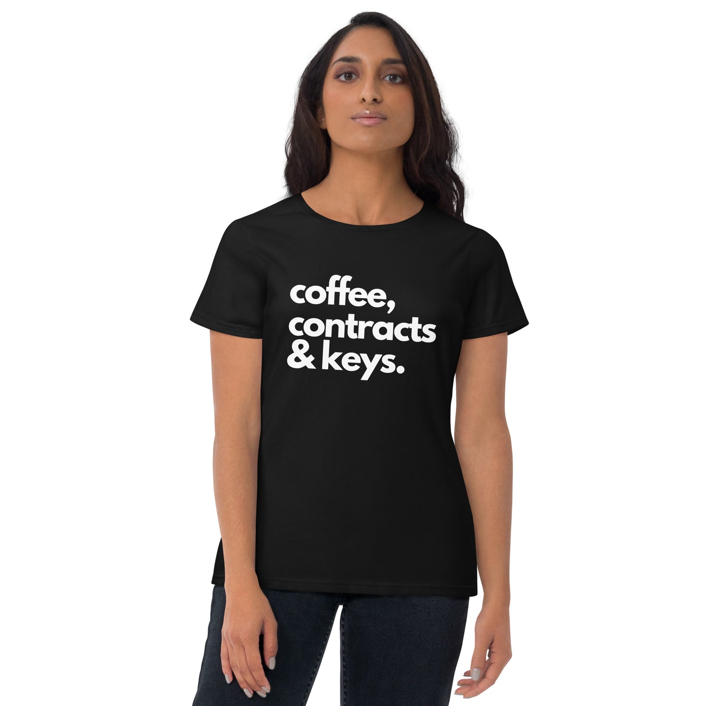 Coffee, Contracts & Keys™ / White Text - Women's Fitted Graphic T-Shirt