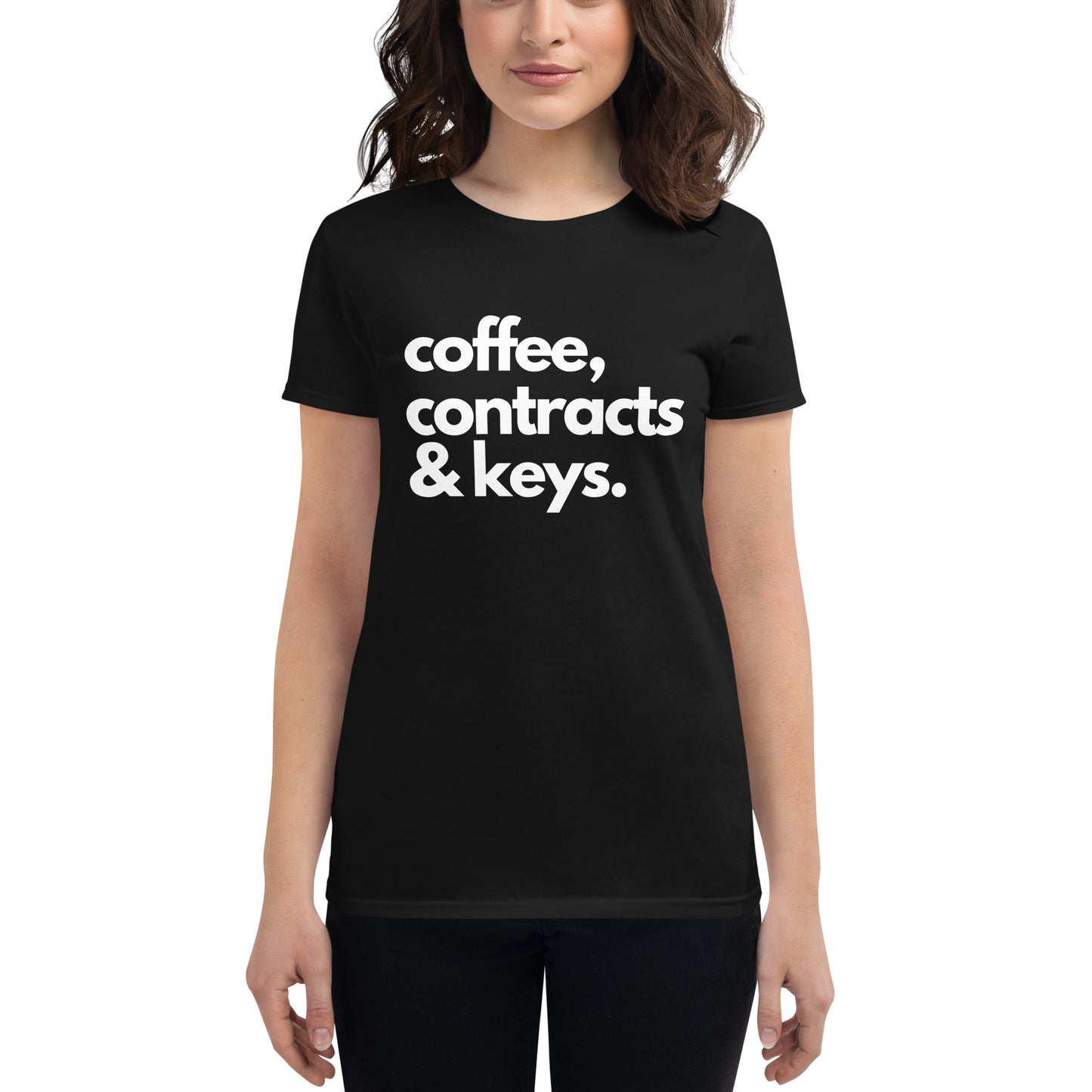 Coffee, Contracts & Keys™ / White Text - Women's Fitted Graphic T-Shirt