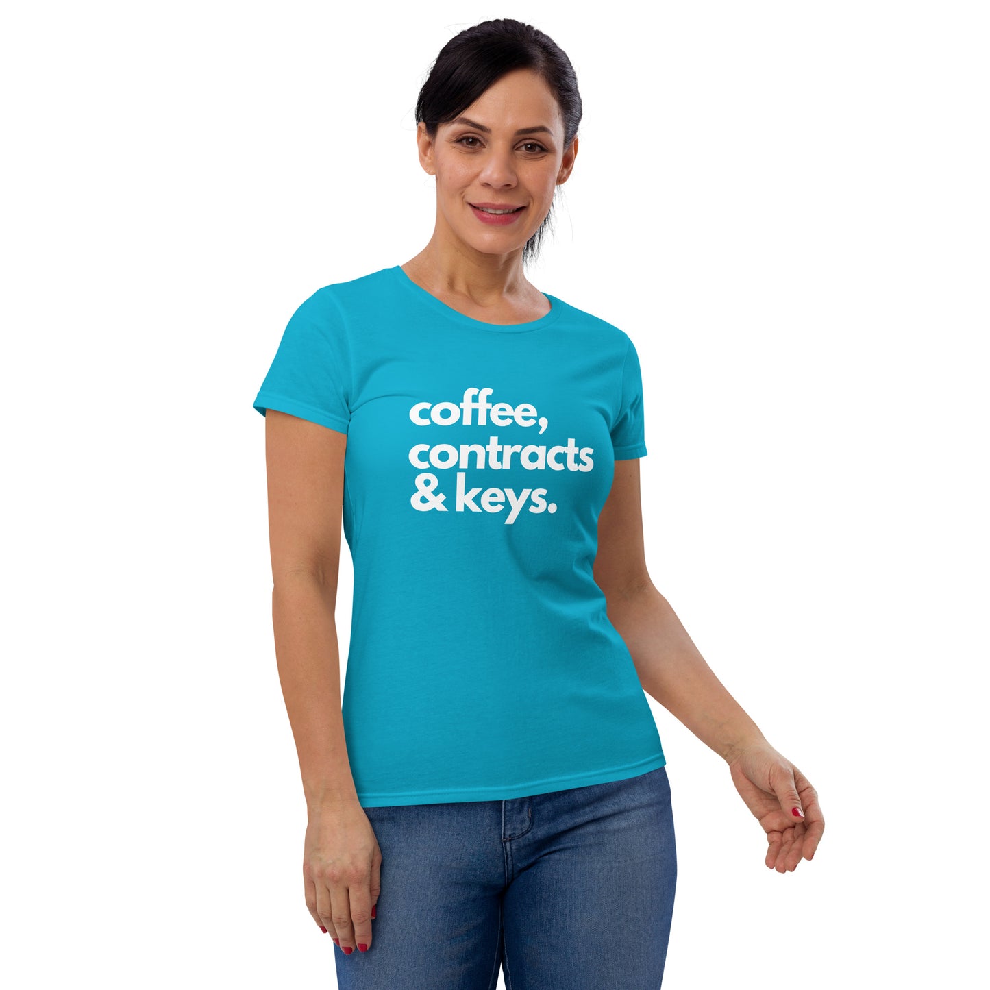 Coffee, Contracts & Keys™ / White Text - Women's Fitted Graphic T-Shirt