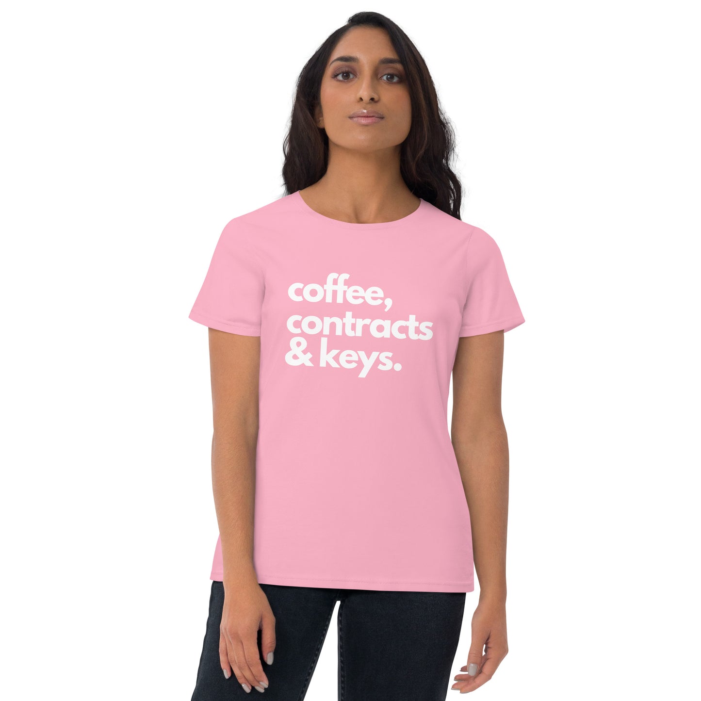 Coffee, Contracts & Keys™ / White Text - Women's Fitted Graphic T-Shirt