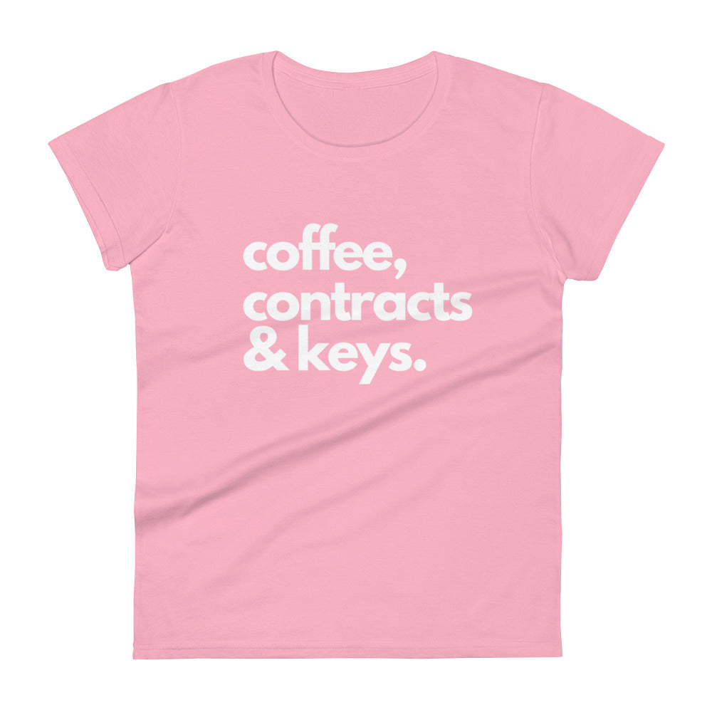 Coffee, Contracts & Keys™ / White Text - Women's Fitted Graphic T-Shirt