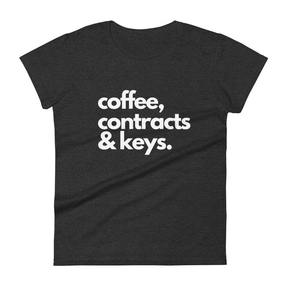 Coffee, Contracts & Keys™ / White Text - Women's Fitted Graphic T-Shirt