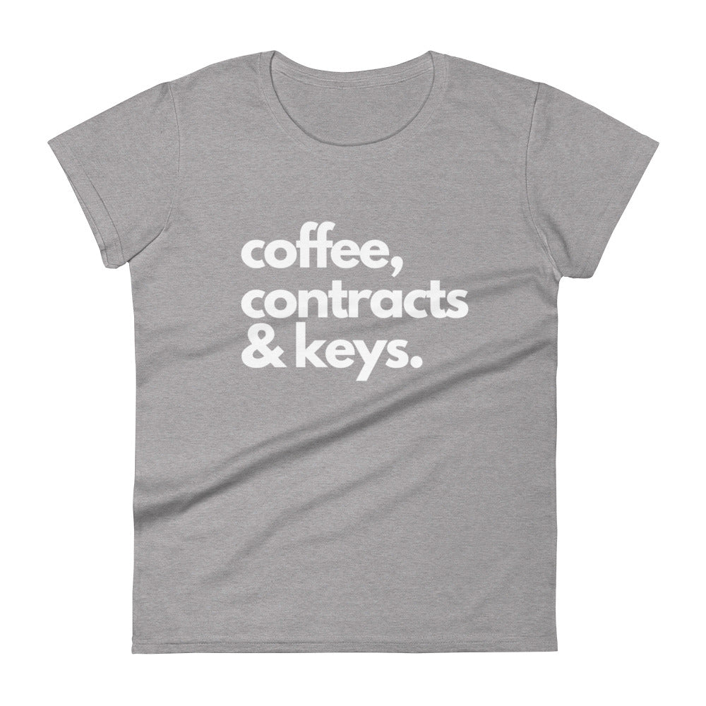 Coffee, Contracts & Keys™ / White Text - Women's Fitted Graphic T-Shirt