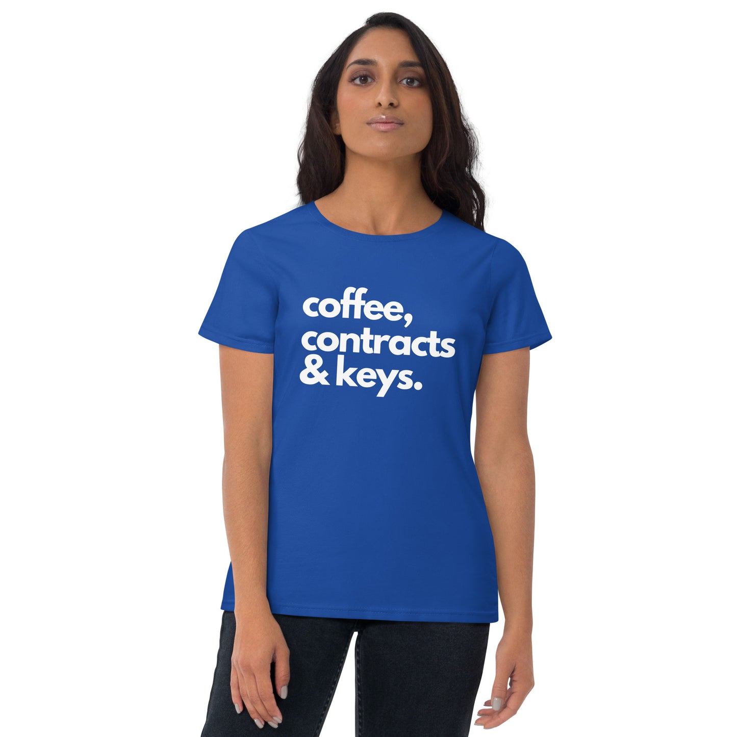 Coffee, Contracts & Keys™ / White Text - Women's Fitted Graphic T-Shirt