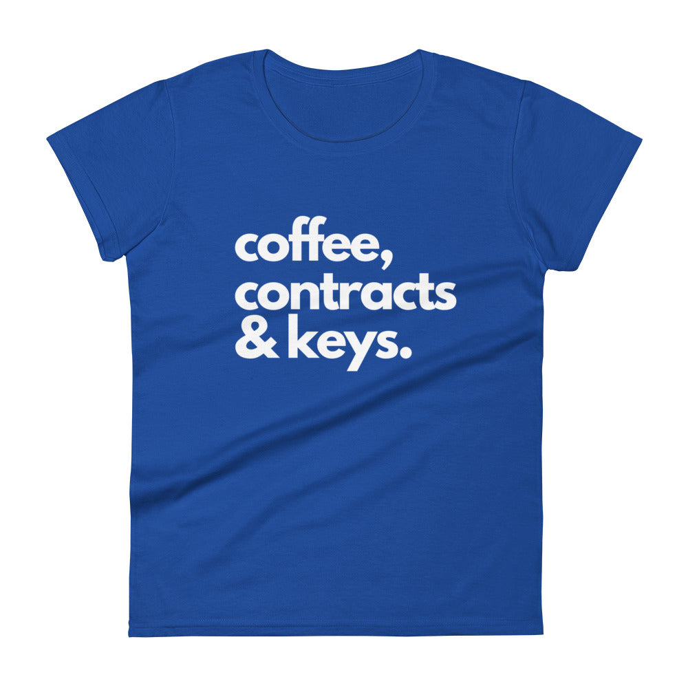 Coffee, Contracts & Keys™ / White Text - Women's Fitted Graphic T-Shirt