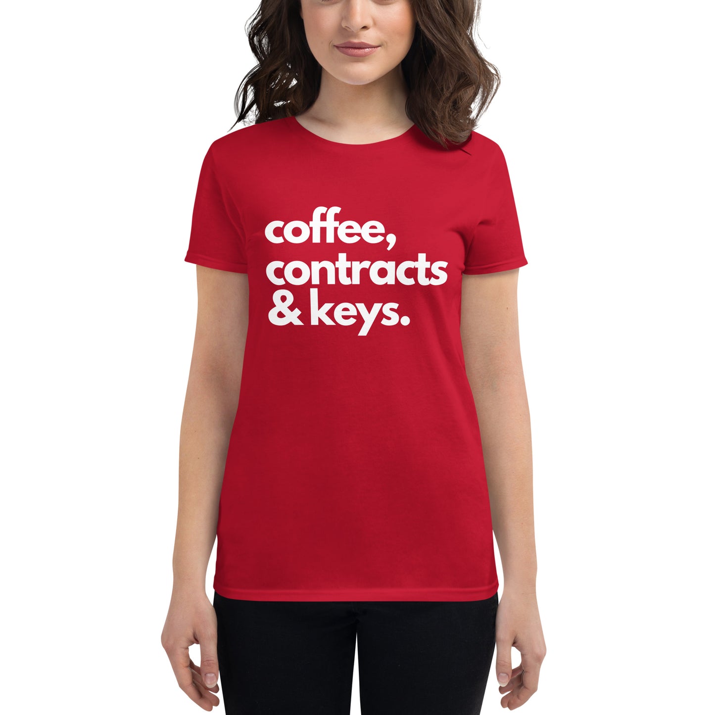 Coffee, Contracts & Keys™ / White Text - Women's Fitted Graphic T-Shirt